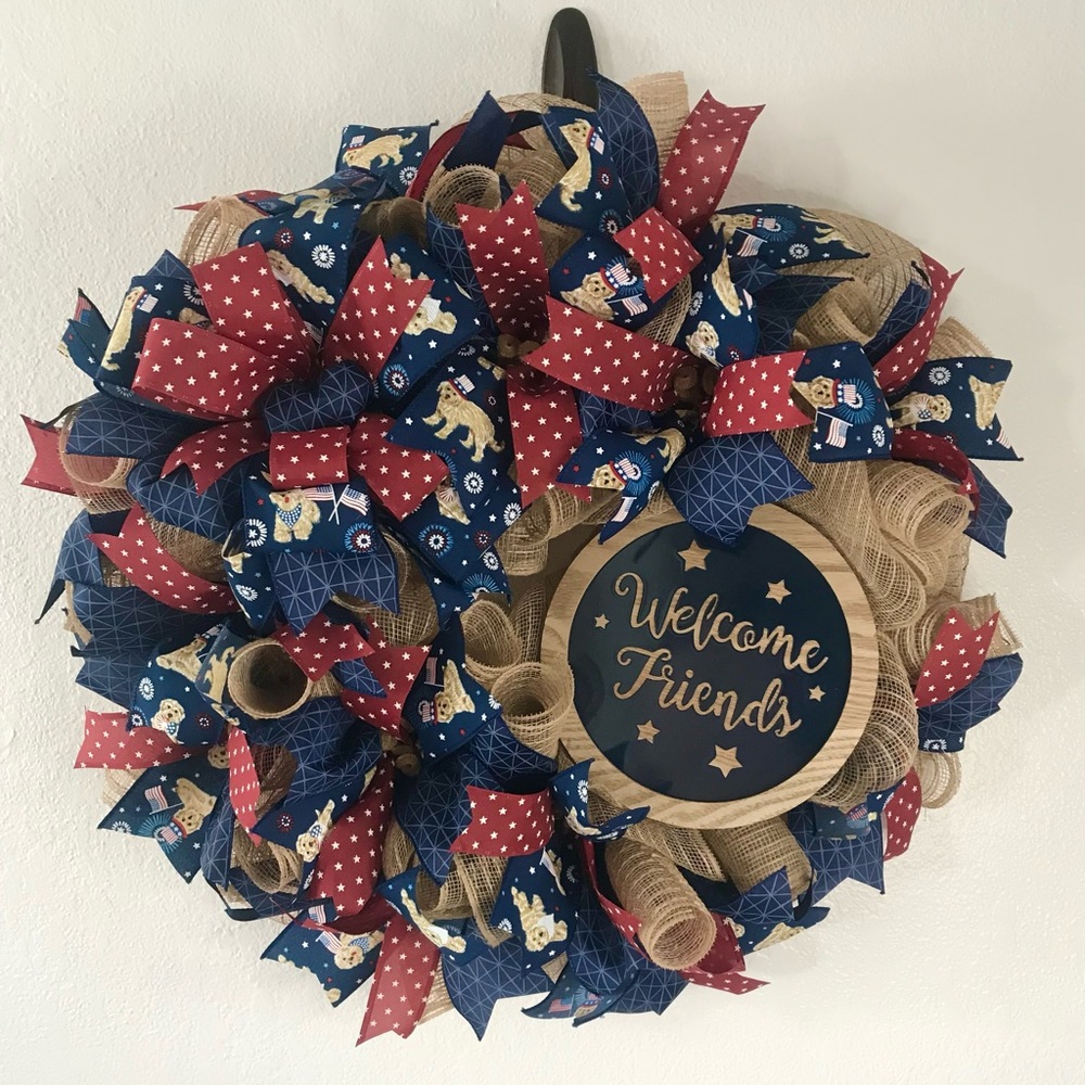 Deco mesh patriotic wreath, Independence Day decor, Stars and Stripes, Welcome